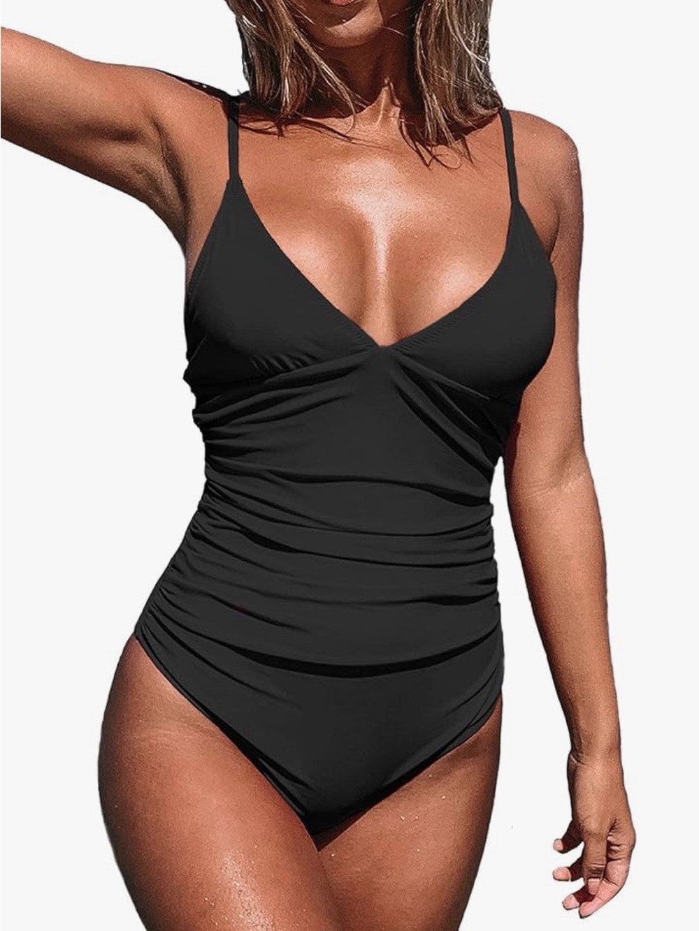 CUPSHE black V-Neck Ruched One-Piece Swimsuit - Women Swim - XS
